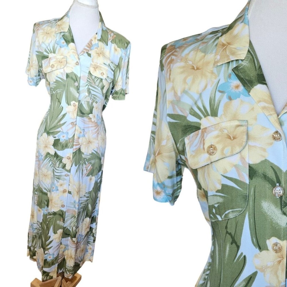 90s Small Tropical Hawaiian Floral‎ Hibiscus Maxi Shirt Dress Sage Green Yellow